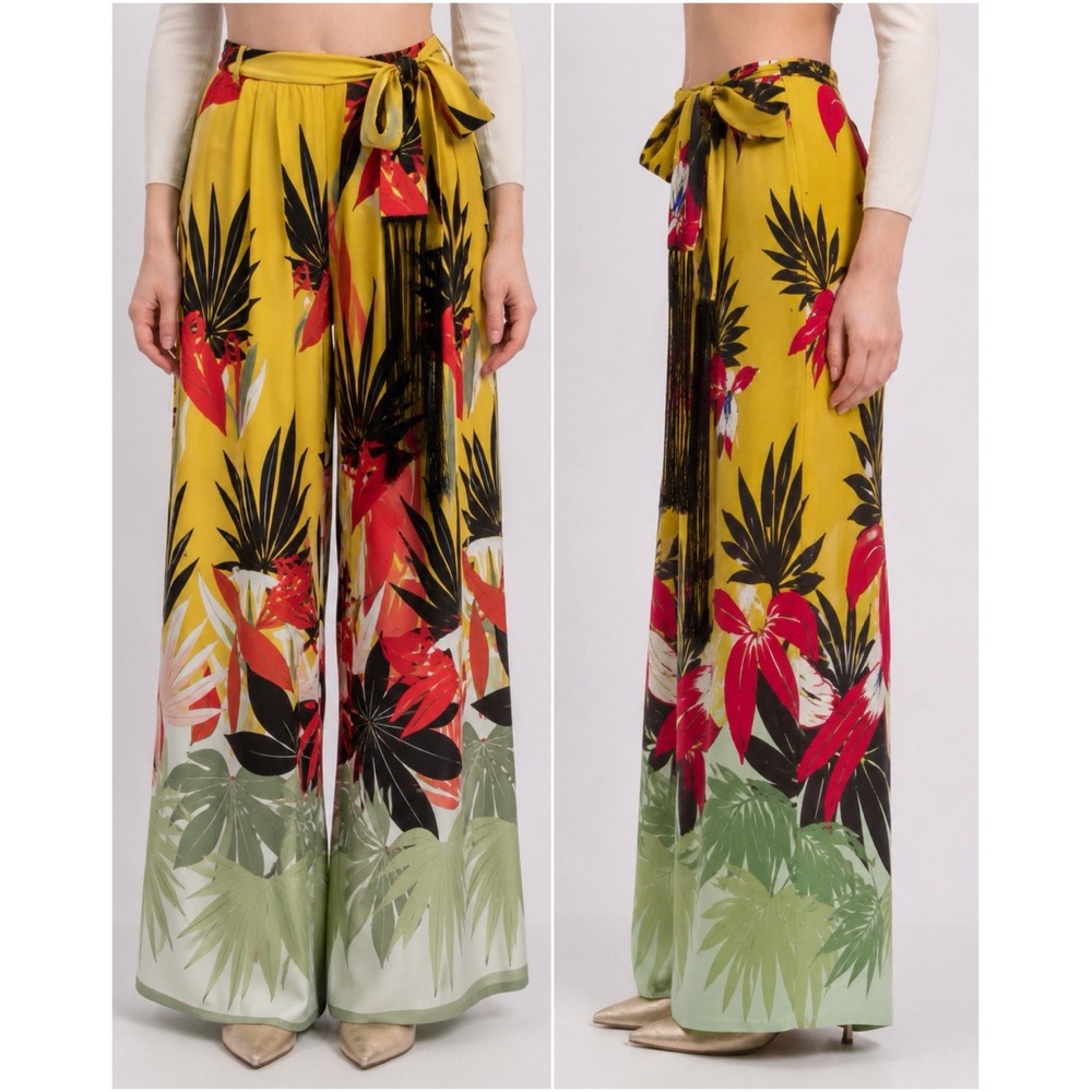 Beatrice B Silk Tropical Wide Leg Pants Women's M Yellow Floral Fringe Italy